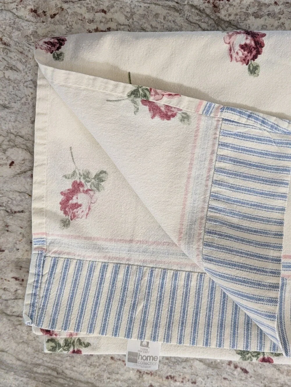 Vintage Flannel Flat Sheet & 2 Pillowcases Red Roses Ivory Shabby Chic JCP 3 Pcs